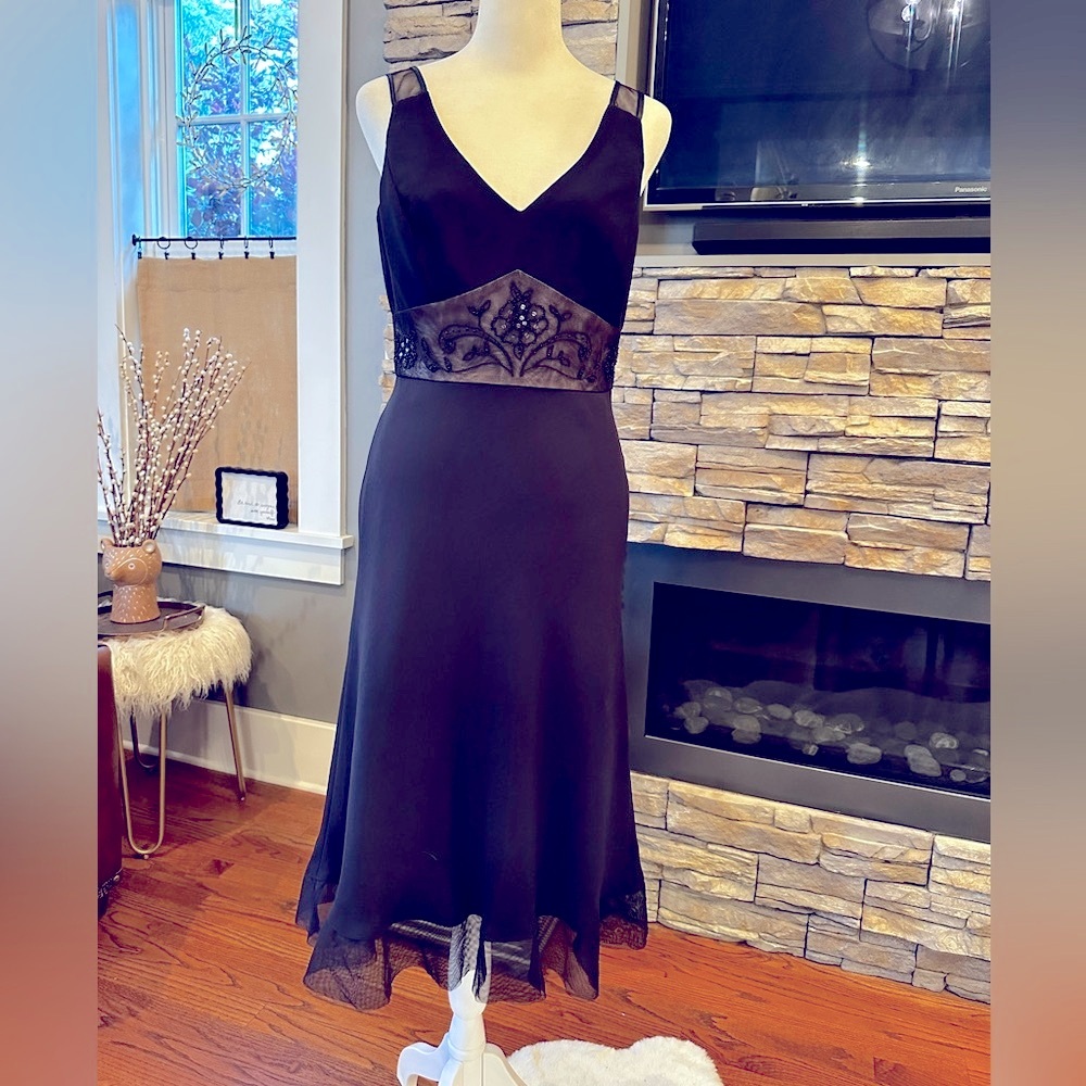Evan Picone Black Midi Dress with Sheer Accents